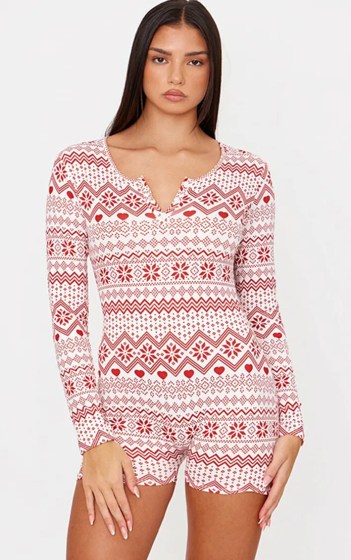 Cream Fairisle Print Button Down Pajama Romper