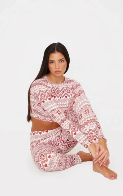 Cream Fairisle Print Long Sleeve Legging Pj Set