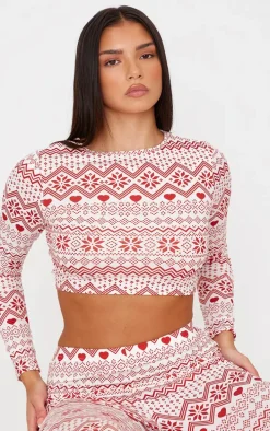 Cream Fairisle Print Long Sleeve Legging Pj Set