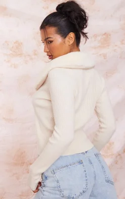 Cream Faux Fur Collar Rib Knit Cardigan