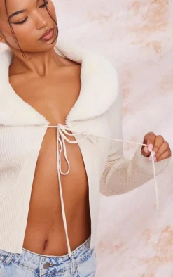 Cream Faux Fur Collar Rib Knit Cardigan