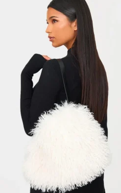 Cream Faux Fur Fluffy Shoulder Bag