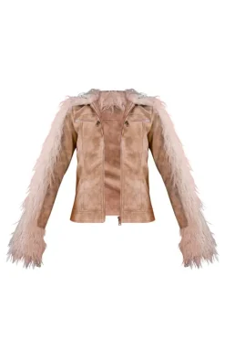 Cream Faux Fur Trim Contrast Faux Leather Zip Up Jacket