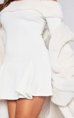Cream Faux Fur Trim Rib Shift Dress