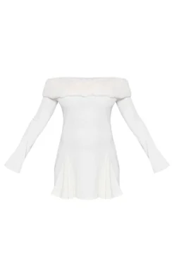 Cream Faux Fur Trim Rib Shift Dress