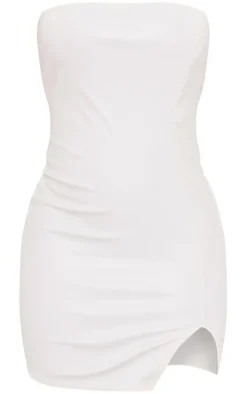 Cream Faux Leather Bandeau Slit Mini Dress