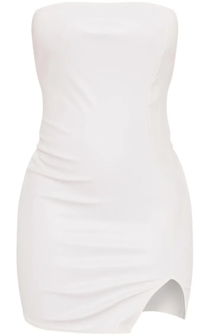 Cream Faux Leather Bandeau Slit Mini Dress