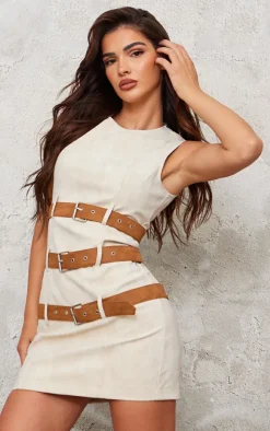 Cream Faux Leather Belted Bodycon Dress