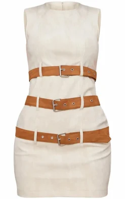 Cream Faux Leather Belted Bodycon Dress