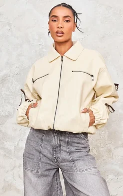 Cream Faux Leather Bow Sleeve Detail Oversized Jacket