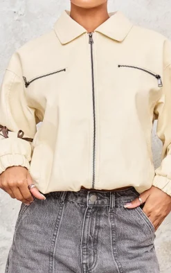 Cream Faux Leather Bow Sleeve Detail Oversized Jacket
