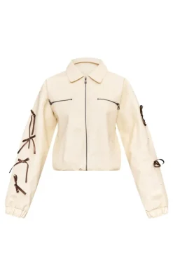 Cream Faux Leather Bow Sleeve Detail Oversized Jacket