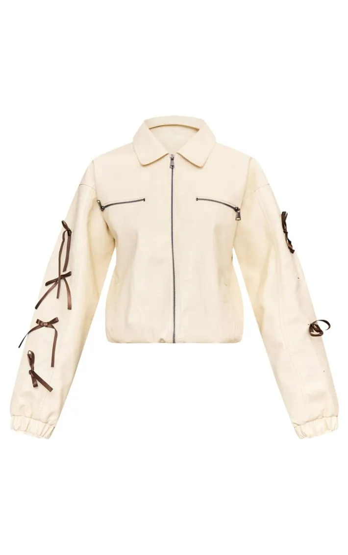 Cream Faux Leather Bow Sleeve Detail Oversized Jacket