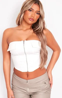 Cream Faux Leather Bust Detail Zip Up Front Corset