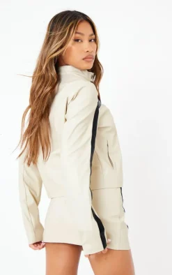 Cream Faux Leather Contrast Panel Motorcross Jacket