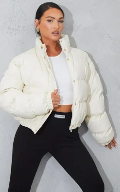 Cream Faux Leather Elastic Hem Bubble Puffer