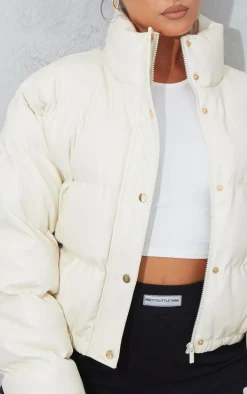Cream Faux Leather Elastic Hem Bubble Puffer