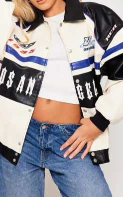 Cream Faux Leather Oversized Contrast Motorcross Bomber Jacket
