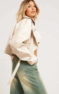 Cream Faux Leather Oversized Buckle Detail Biker Jacket