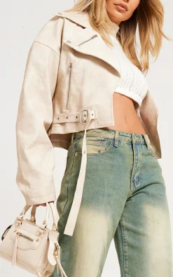 Cream Faux Leather Oversized Buckle Detail Biker Jacket