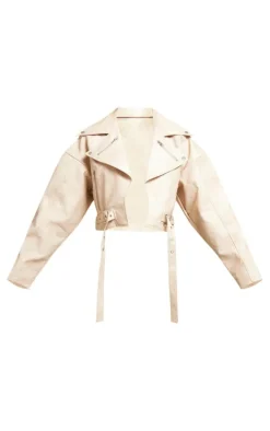 Cream Faux Leather Oversized Buckle Detail Biker Jacket