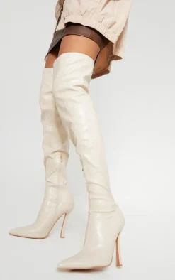 Cream Faux Leather Point Toe Sock Heeled Over The Knee Boots