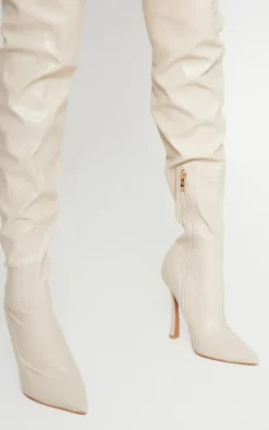 Cream Faux Leather Point Toe Sock Heeled Over The Knee Boots