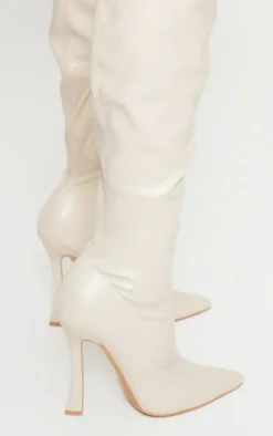 Cream Faux Leather Point Toe Sock Heeled Over The Knee Boots