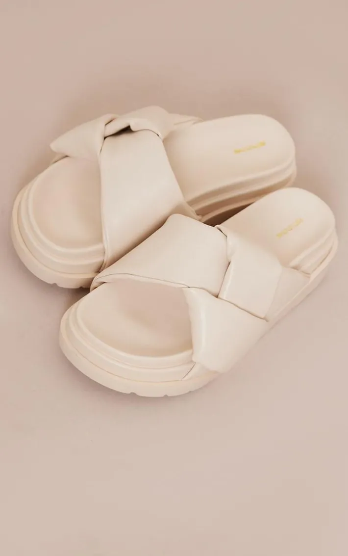 Cream Faux Leather Skinny Strap Chunky Sole Sandals