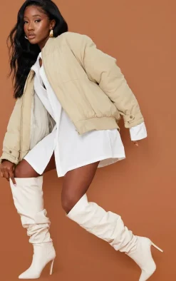 Cream Faux Leather Slouch Over The Knee Boots