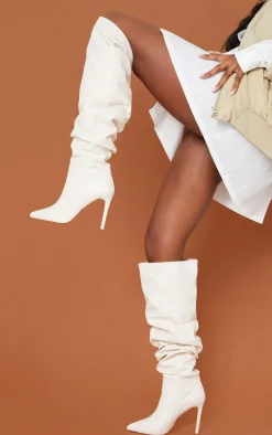 Cream Faux Leather Slouch Over The Knee Boots