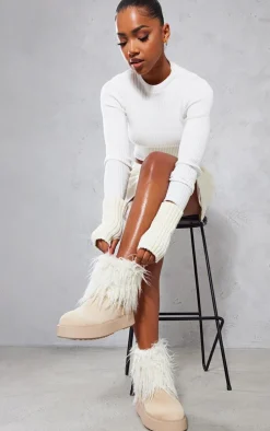 Cream Faux Suede Contrast Faux Fur Ankle Boot