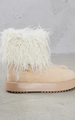Cream Faux Suede Contrast Faux Fur Ankle Boot
