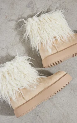 Cream Faux Suede Contrast Faux Fur Ankle Boot