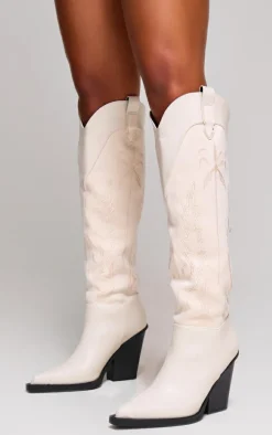 Cream Faux Suede Knee High Stitch Block Heel Western Boots