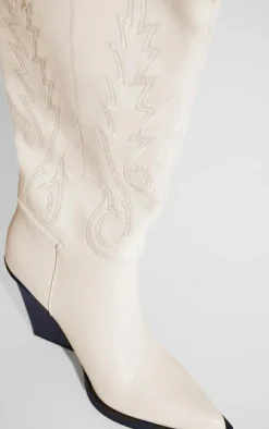 Cream Faux Suede Knee High Stitch Block Heel Western Boots