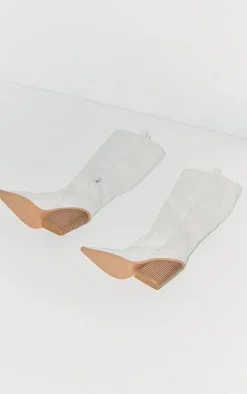 Cream Faux Suede Point Toe Western Knee High Heeled Boots