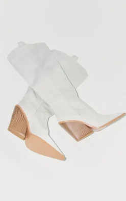 Cream Faux Suede Point Toe Western Knee High Heeled Boots