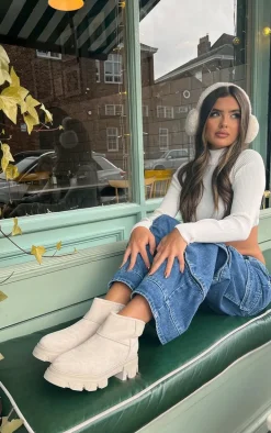 Cream Faux Suede Round Borg Lined Chunky Ankle Boots