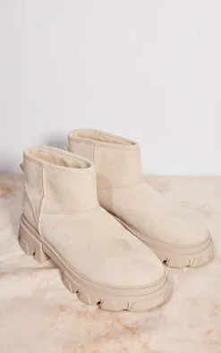 Cream Faux Suede Round Borg Lined Chunky Ankle Boots