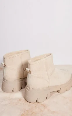 Cream Faux Suede Round Borg Lined Chunky Ankle Boots