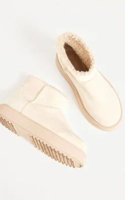 Cream Faux Suede Round Toe Thick Flat Sole Ankle Boots