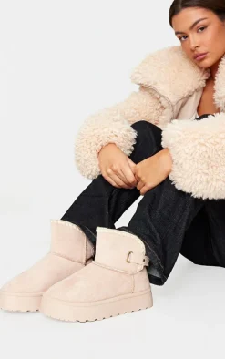 Cream Faux Suede Round Toe Stitched Borg Lined Ankle Boots