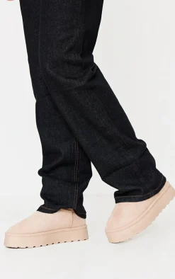 Cream Faux Suede Round Toe Stitched Borg Lined Ankle Boots