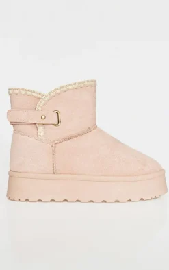 Cream Faux Suede Round Toe Stitched Borg Lined Ankle Boots