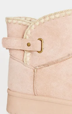 Cream Faux Suede Round Toe Stitched Borg Lined Ankle Boots
