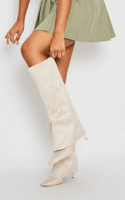 Cream Faux Suede Square Toe Fold Over Low Heeled Knee High Boots