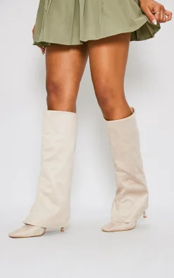 Cream Faux Suede Square Toe Fold Over Low Heeled Knee High Boots