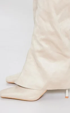 Cream Faux Suede Square Toe Fold Over Low Heeled Knee High Boots