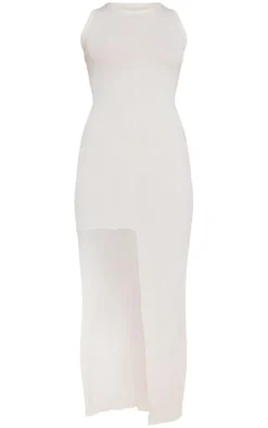 Cream Fine Rib Racer Neck Maxi Dress